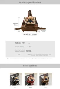 Size chart showing cartoon bear backpack dimensions 20x16x10cm with PU leather material