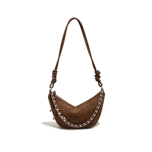 Sac hobo croissant rétro marron foncé en daim avec détail de chaîne argentée chic