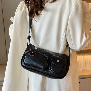 Chic black utility shoulder bag with multiple functional pockets and silver metal buckles