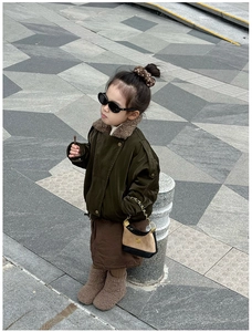 Olive green kids flight jacket with plush brown collar and vintage zipper details