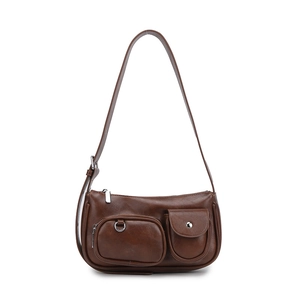 Brown vintage leather underarm bag with multiple pockets and adjustable shoulder strap