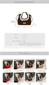 Size chart and color selection for mini plush crossbody bag with lace trim details