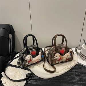 Mini Sac À Main Enfant Tweed À Carreaux Sac Bandoulière Mignon Chien Peluche 3D Décor Cœur Petit Sac À Épaule Pour Tout-Petit