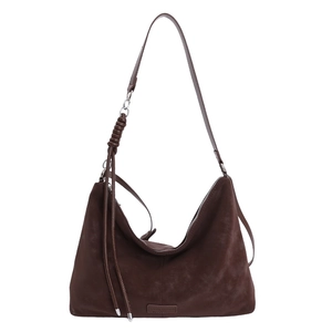 Minimalist large brown hobo tote bag in premium suede finish with crescent shape design