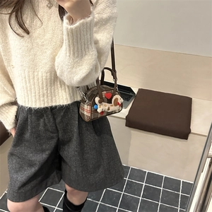 Mini sac à main Boston à carreaux marron avec chien de dessin animé pour enfants