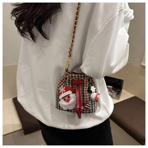 Kids plaid bucket bag featuring Christmas Santa and snowman plush charms on a red chain