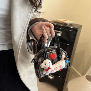 Sac à main mignon chiot pour enfants en laine pied-de-poule noir et blanc avec cœur