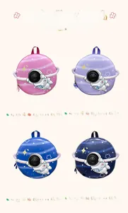 Detail showing four colors of waterproof hardshell space astronaut backpacks for children