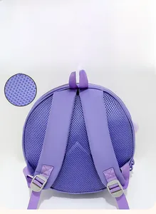 Detail of purple children backpack featuring breathable honeycomb mesh and padded straps