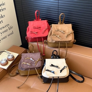 Mini Backpack Suede PU Leather Bowknot Decor Drawstring Flap Fashion Retro Small Bookbag For Women Girls