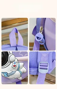 Detail view of purple astronaut backpack featuring top handle, zipper and adjustable straps