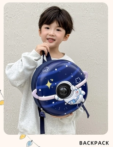 Detail of 3D astronaut hard shell backpack for kids with a clear bubble window