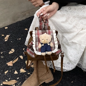 Cute brown school backpack for kids with teddy bear and red plaid lace details