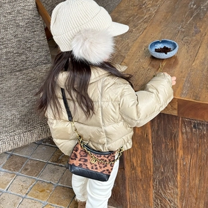 Stylish leopard print kids crossbody bag with gold chain strap and quilted leather detail