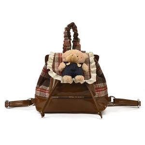 Cute teddy bear school backpack for toddlers with lace trim and red plaid flap cover