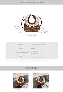 Detailed dimension guide for mini plaid handbag with lace collar and bow accents