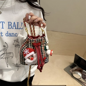 Kids plaid Christmas bucket bag with Santa tree charms and gold chain strap