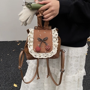 Petit sac à dos marron vintage avec dentelle blanche et cerises pour filles mignonnes