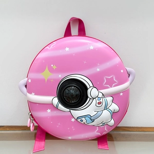 Pink egg-shaped toddler backpack with astronaut print and transparent dome window