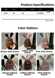 Size chart showing 18.5x22x12cm dimensions for cute cartoon rabbit ear children backpacks