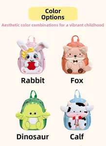 Detail of cute animal-themed kids backpacks showing bunny, fox, dinosaur, and cow designs