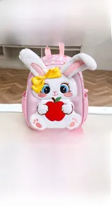 Pink cartoon kids backpack featuring plush bunny detail and multi-pocket storage design
