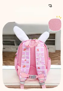 Breathable pink honeycomb mesh back panel and straps on a cute rabbit kids backpack