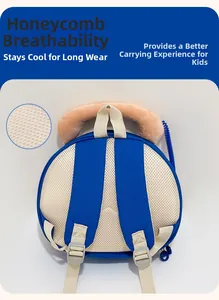 Blue toddler backpack featuring honeycomb breathable mesh back and anti-lost leash strap