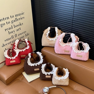 Kids Plush Crossbody Bag Faux Shearling Handbag Lace Trim Sweet Stylish Mini Purse For Toddler Girls