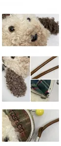 Détails du sac chiot en peluche avec poignée en cuir, fermoir métal et doublure