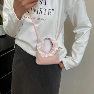 Mini sac à bandoulière rose pour filles avec bordure en dentelle blanche et similicuir