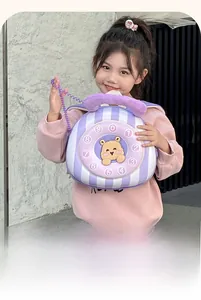 Close-up of cute cartoon bear backpack with creative vintage telephone handset detail