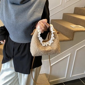 Kids faux shearling handbag with lace trim and leather patch for girls accessories