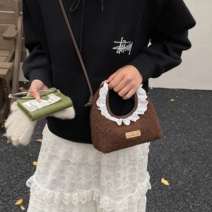 Brown teddy fleece kids handbag with white lace trim and handmade sewing label