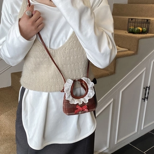 Sweet plaid mini shoulder bag for girls with lace trim and red bow decoration