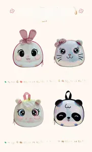 Detail view of colorful sequin hard shell mini backpacks in rabbit cat pony and panda styles