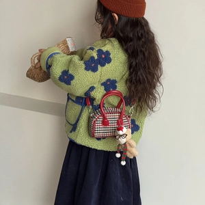 Sac à main tendance pied-de-poule pour filles avec poignée rouge et ours mignon