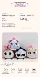 Specifications for sequin animal backpacks including size, weight, and fabric materials