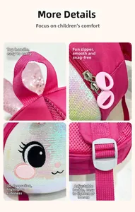 Detail view of pink girl's backpack showing top handle, glitter sequins, and adjustable straps