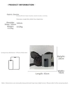 Denim bow backpack dimensions 43x10x28cm with 142cm strap for shoulder or crossbody use