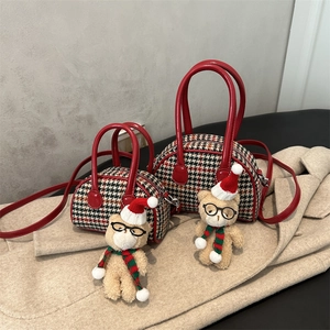 Kids Shoulder Bag Houndstooth Fabric Shell Handbag Plush Bear Pendant Christmas Theme Cute Fashion Crossbody For Toddler