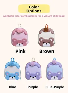 Detailed comparison of cute cartoon bear backpacks in pink brown blue and purple colors