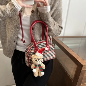 Plaid shell-shaped kids handbag with cute teddy bear plush charm and red leather handles