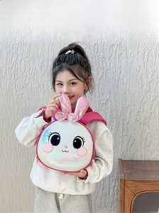 Girl's backpack with sequined rabbit ears and face shown in lifestyle model scene
