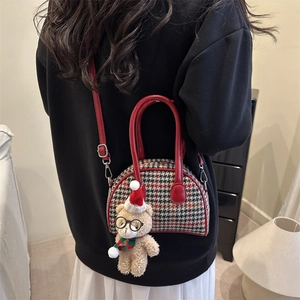 Kid houndstooth bowling bag with red trim and cute plush bear charm for autumn/winter