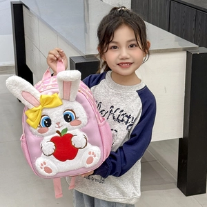 Pink cartoon toddler backpack with plush 3D bunny and apple for girls outdoor school use