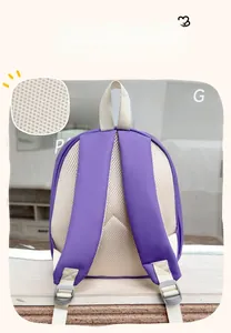 Detail of cartoon child backpack featuring breathable mesh back and adjustable straps