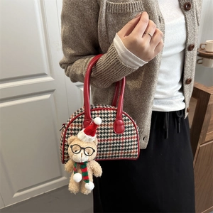Kids houndstooth plaid shell bag with cute plush bear pendant for autumn and winter