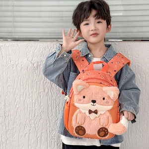 Cute orange 3D fox toddler backpack with plush ears and tail for preschool kids