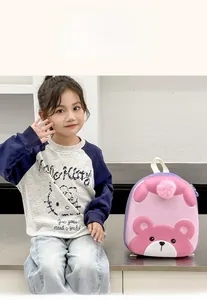 Pink and purple cartoon bear backpack for toddlers with plush pom-pom and 3D details